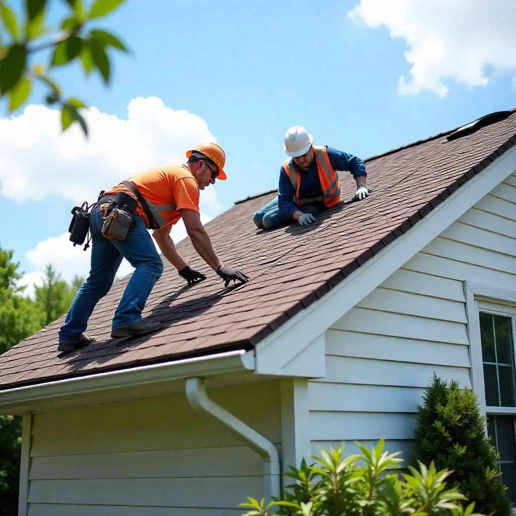 Two workers installing a new roof on a house, using safety gear and professional tools